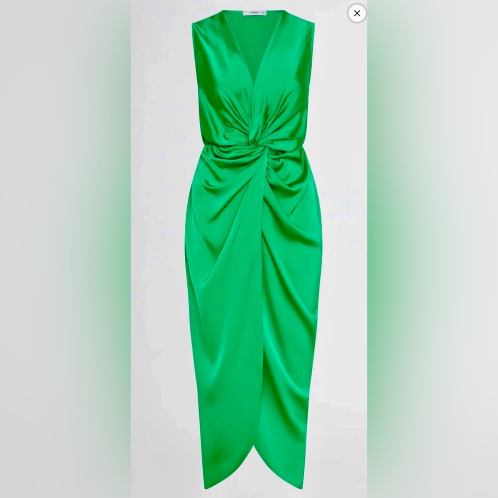 SHEIKE Green Satin Midi Dress Size 6 Sleeveless Twist Front V-Neck
